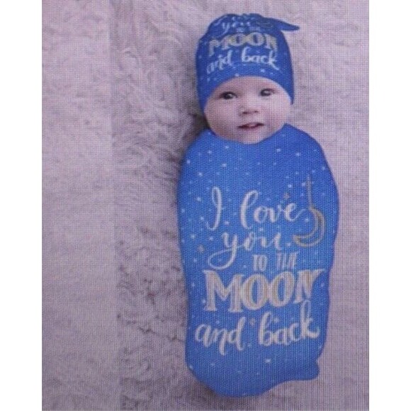 Baby Swaddle Blanket With Matching Beanie "I Love You To The Moon" Newborn Blue - Picture 2 of 4